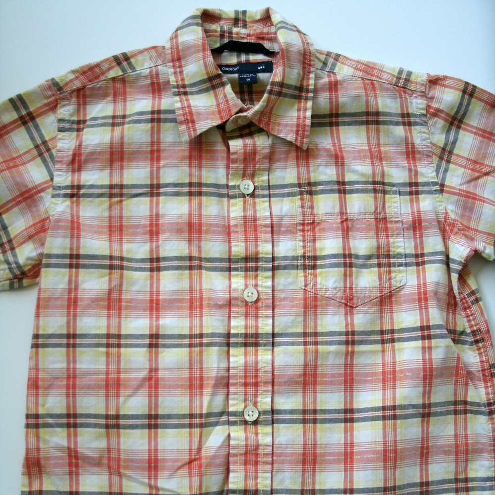 Gap Boys Shirt Button Down Plaid Short Sleeve Orange Red Yellow Cotton XS